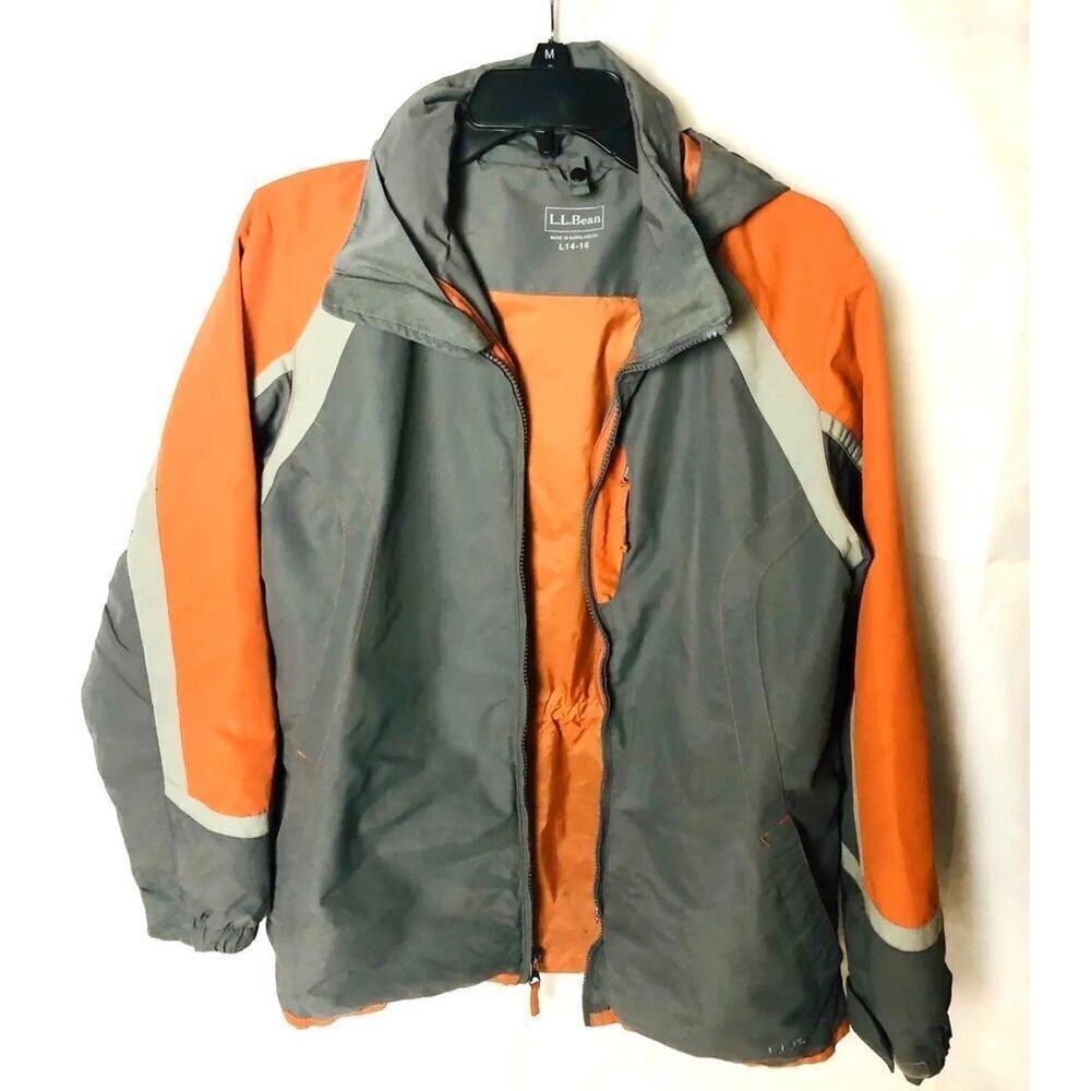LL Bean Youth Nylon Jacket Windbreaker Orange Gray Size 14-16 L